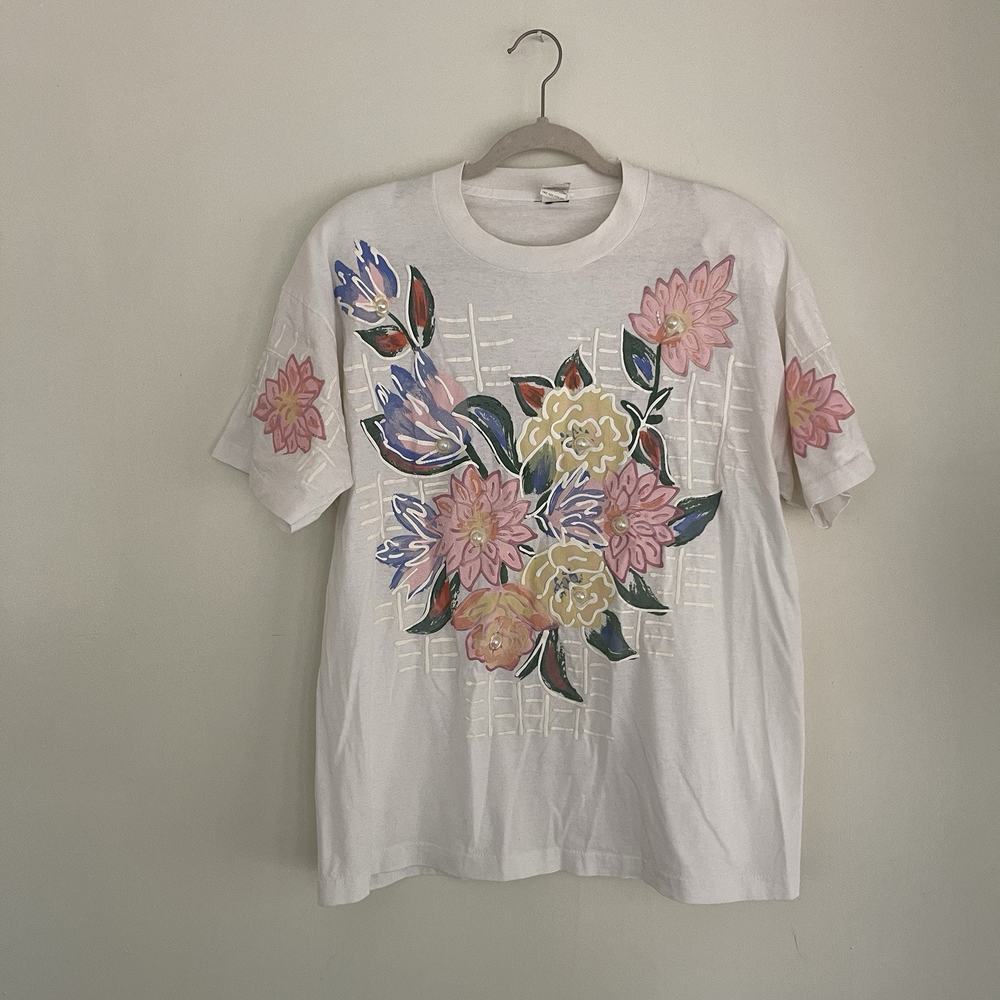 Vintage Hand Painted 1980s Grandmacore Textured T Shirt Floral Art to Wear
